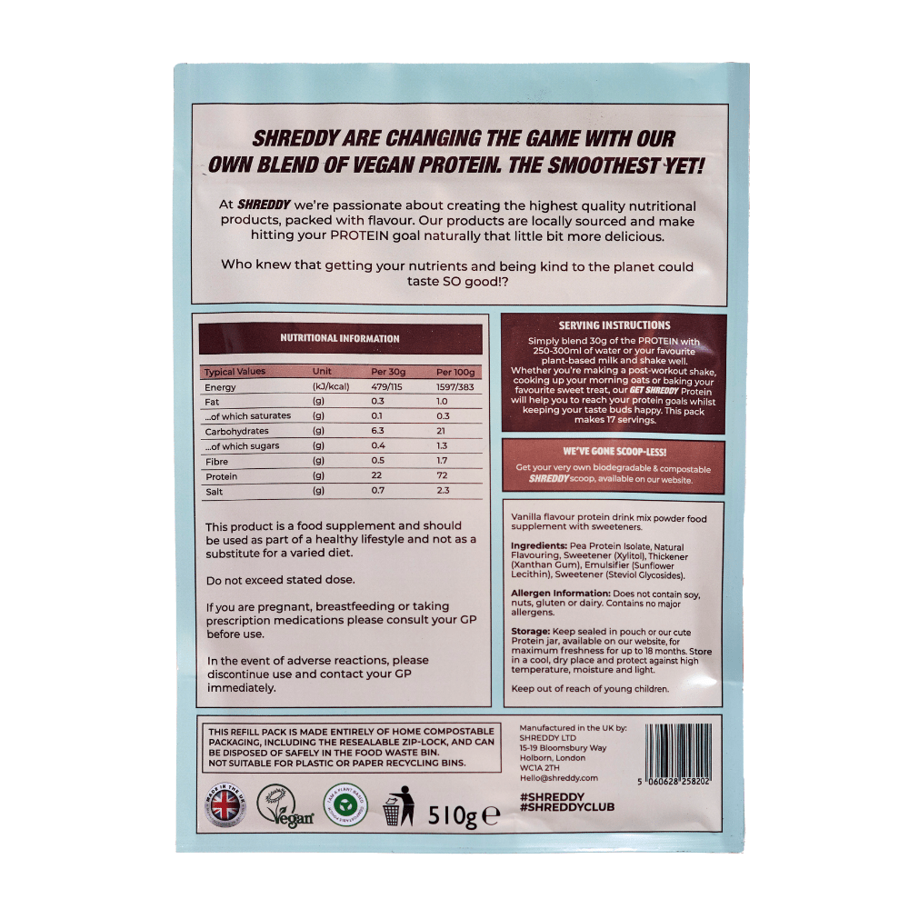 Nutritional Information of Shreddy's French Vanilla Protein Powder - Protein Shakes by Grace Beverley - Tala & B_AND