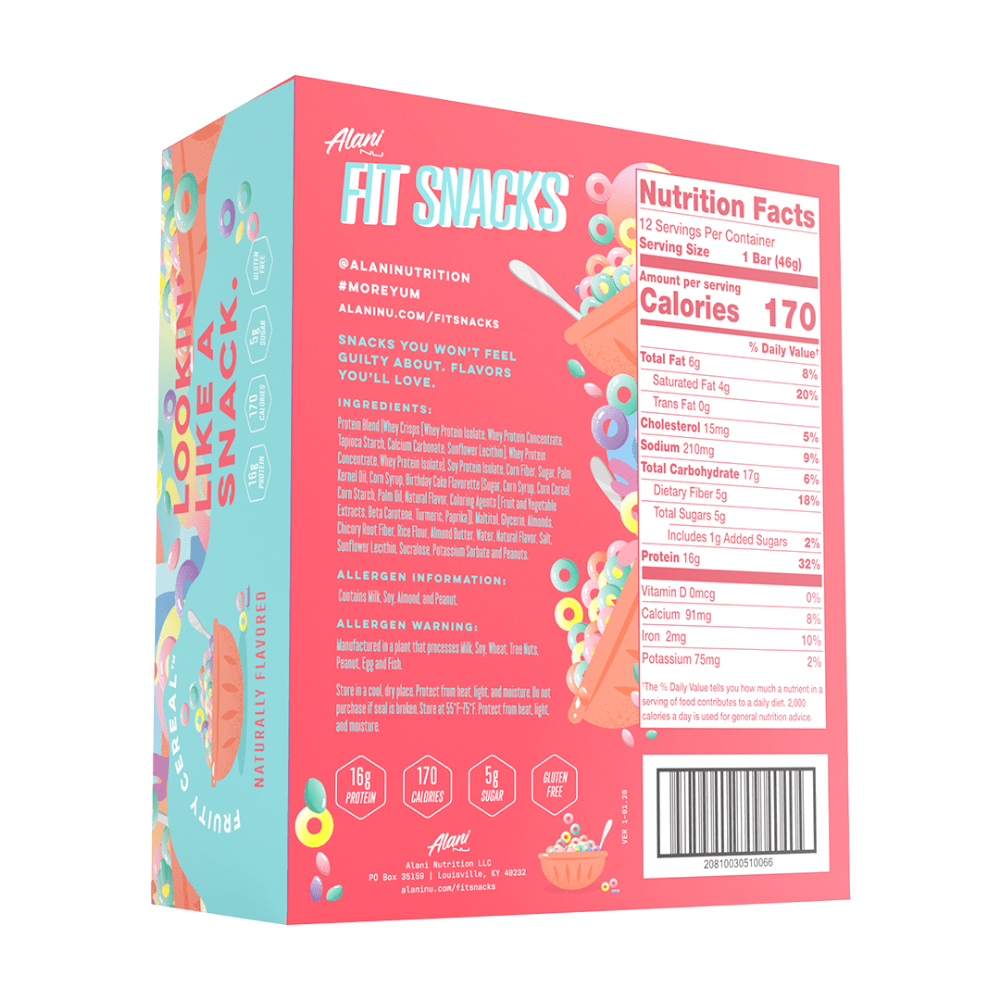 Fit Snacks Alani Nu Back Of The Box Fruity Cereal 12 Pack Box