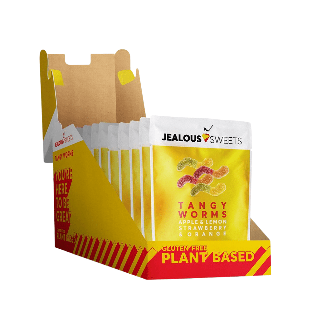 Tangy Worms Plant-Based Jealous Sweets Gummies (Full Boxes of Ten Packets)
