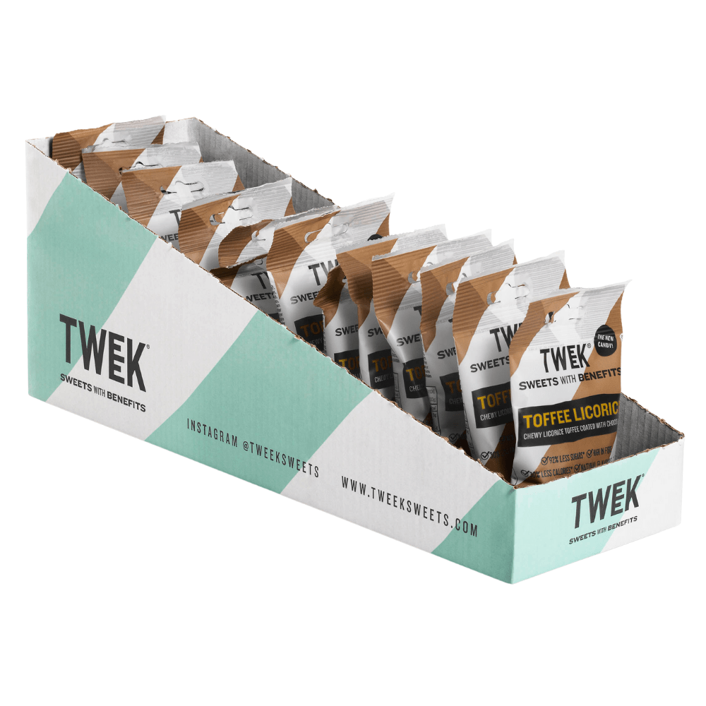 Healthy Boxes of x12 Bags - Toffee & Licorice Balls Coated in Low Sugar Milk Chocolate