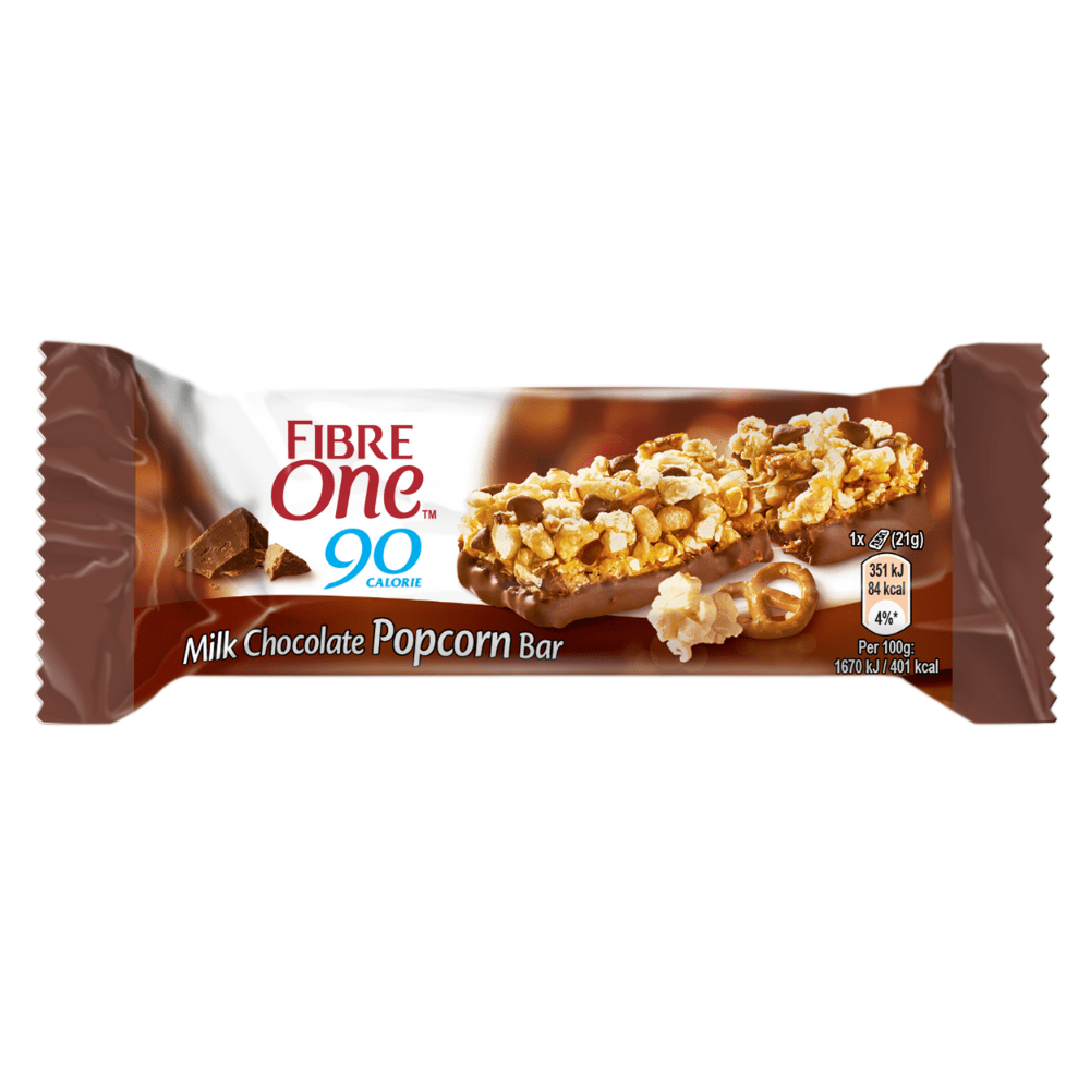 Milk Chocolate Fibre One 90 Popcorn 21g Single Bars UK Protein
