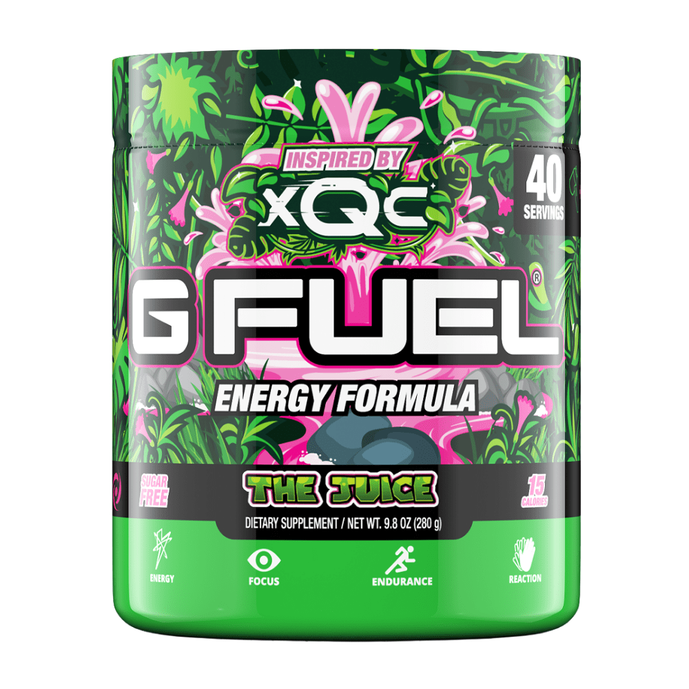 XQC's The Juice GFUEL Amino Fortified Low-Calorie Energy Drinks - Cheap UK Shipping - Fruit Punch Flavour