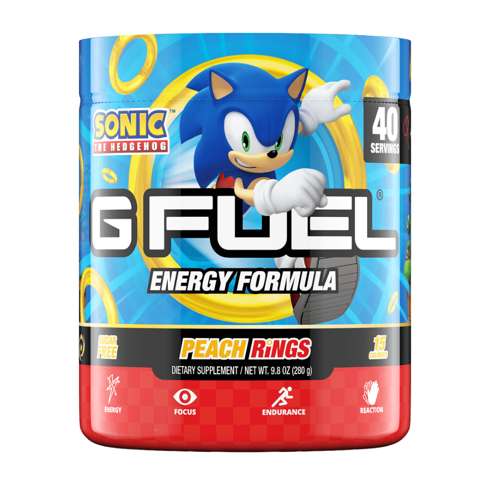 Sonic The Hedgehog's Official Peach Rings GFUEL Energy Drink Formula For Gamers and as a Pre-Workout