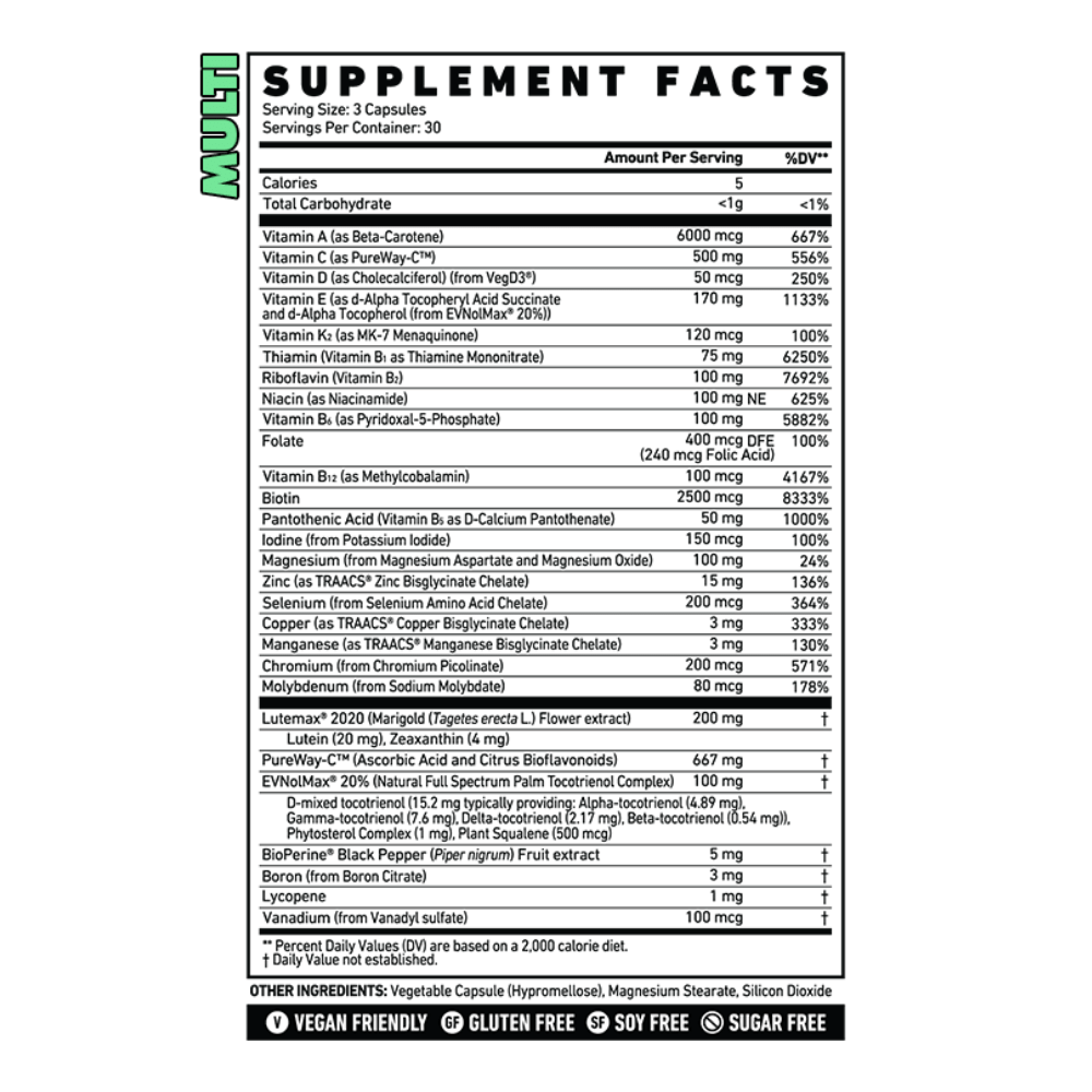 Ghost Multi UK - Supplement Facts & Nutritional Table (90 Capsules Per Tub)