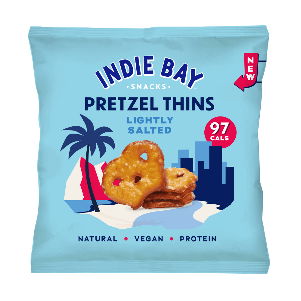 Indie Bay Snacks Lightly Salted Pretzel Thins 24g Packets - Front Image - Low Calorie - Vegan - High Protein
