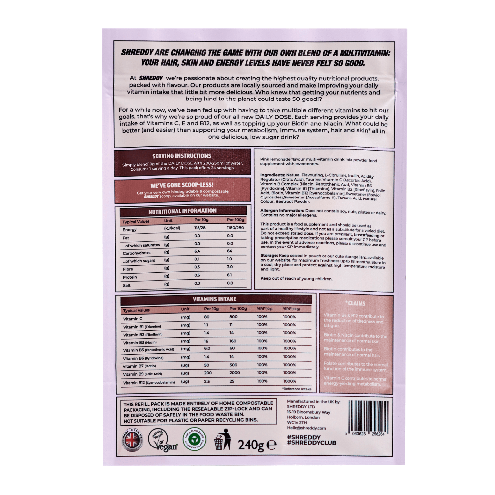 Shreddy Supplements Pink Lemonade Vitamin Data High RDA% - Healthy Vegan Multivitamin For Women - Daily Dose Range