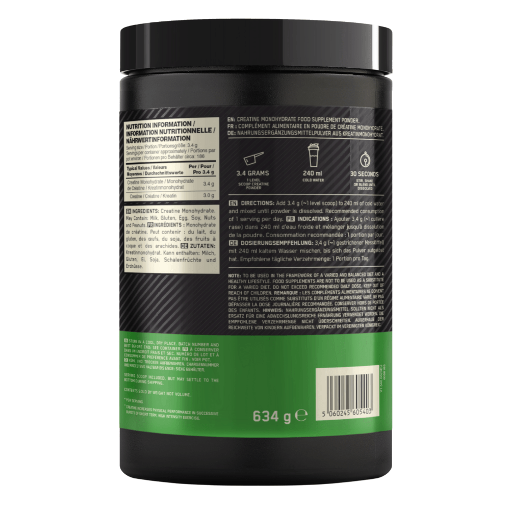 Optimum Nutrition's Micronised Creatine Powders Back of the tub UK - Protein Package Limited
