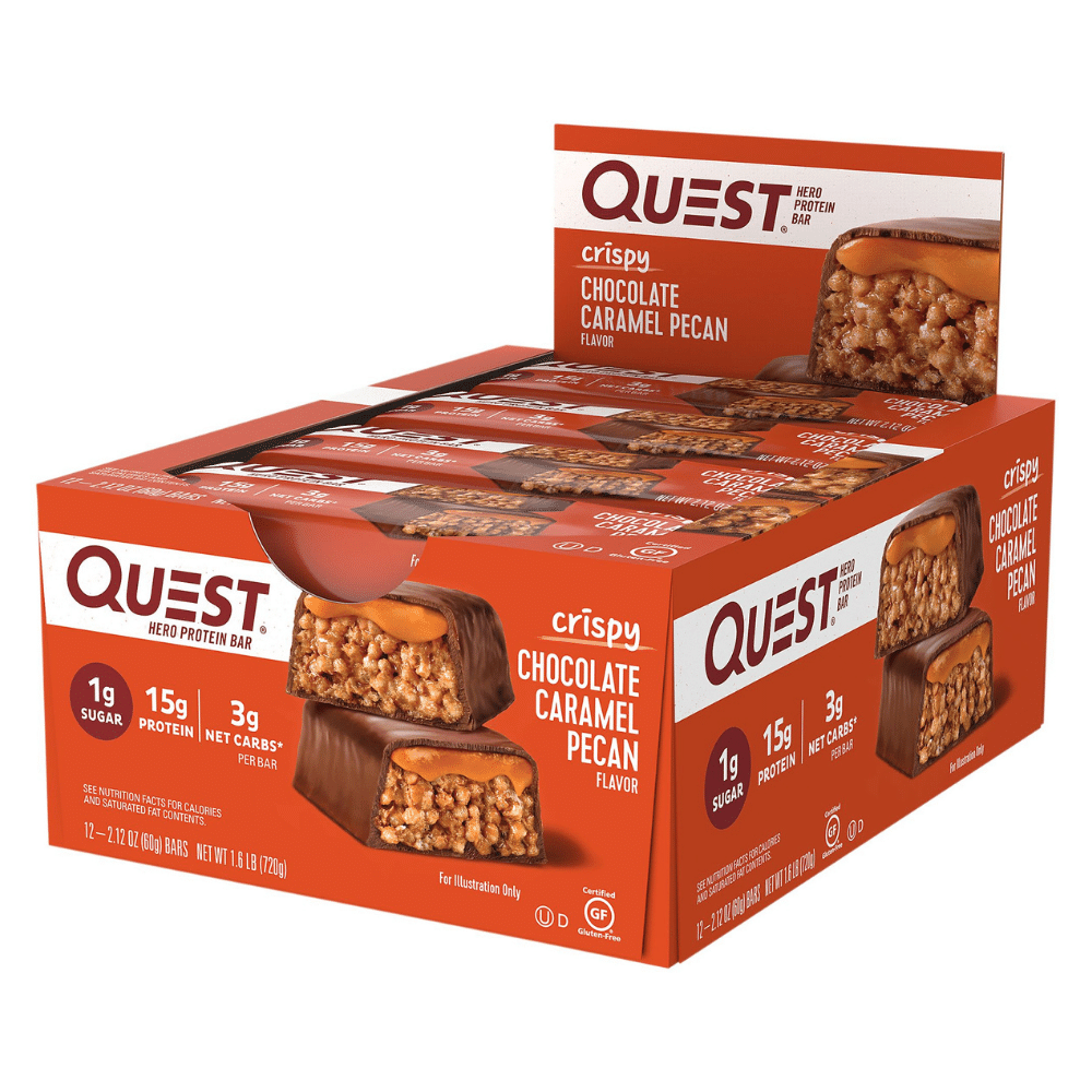 Boxes of x12 Quest Crispy Chocolate Caramel Pecan Hero Protein Bars