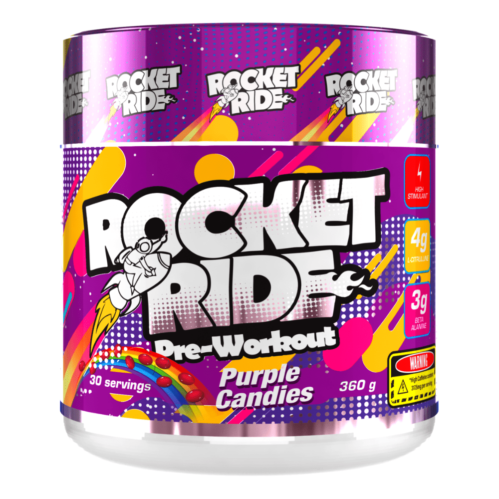 Pre-Workout RocketRide Purple Candies - 360g Tubs - High caffeine with no crashes