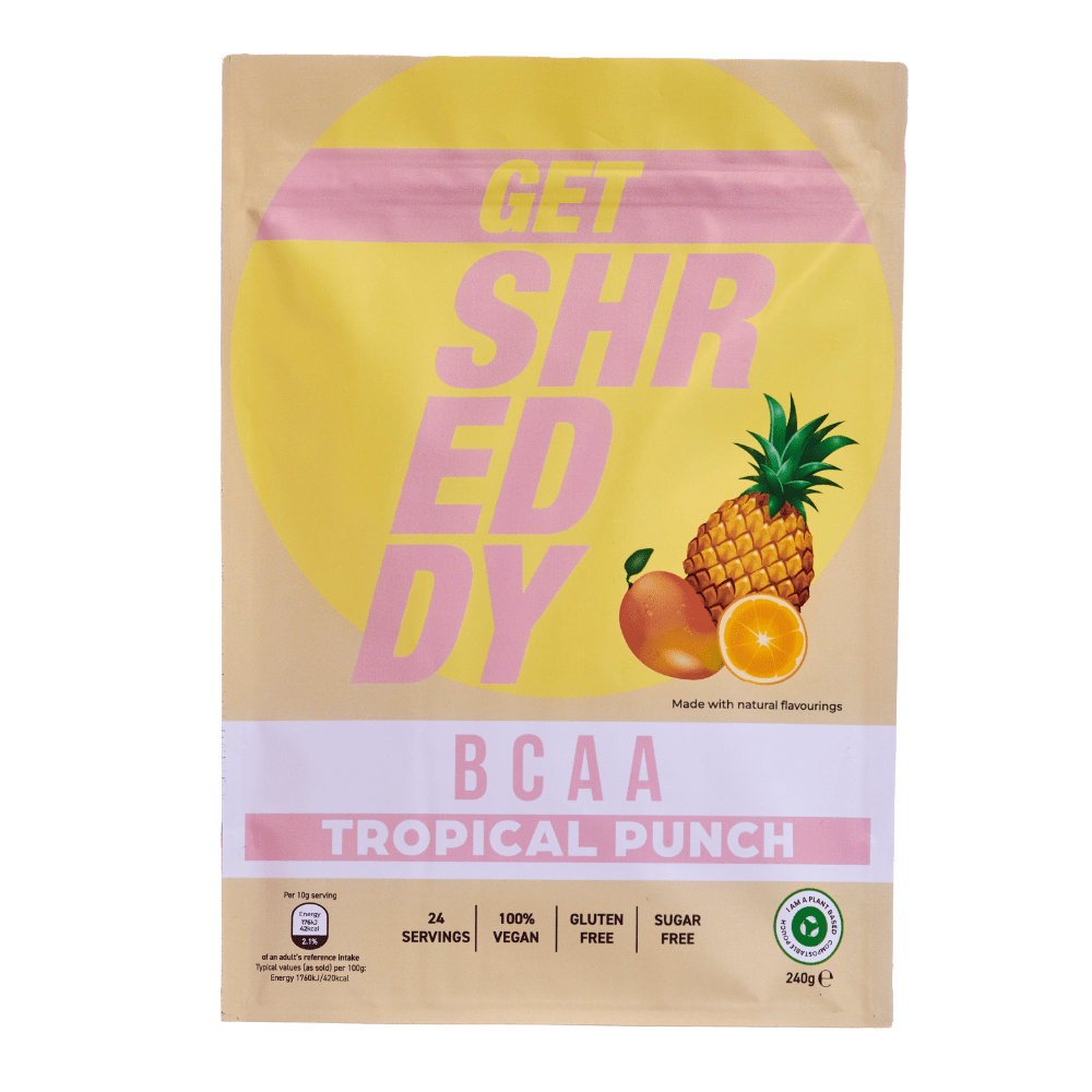 Vegan Shreddy Supplements by Grace Beverley Tropical Punch Flavoured BCAA Mixture - 24 Servings = 240-Gram Pouches - Protein Package